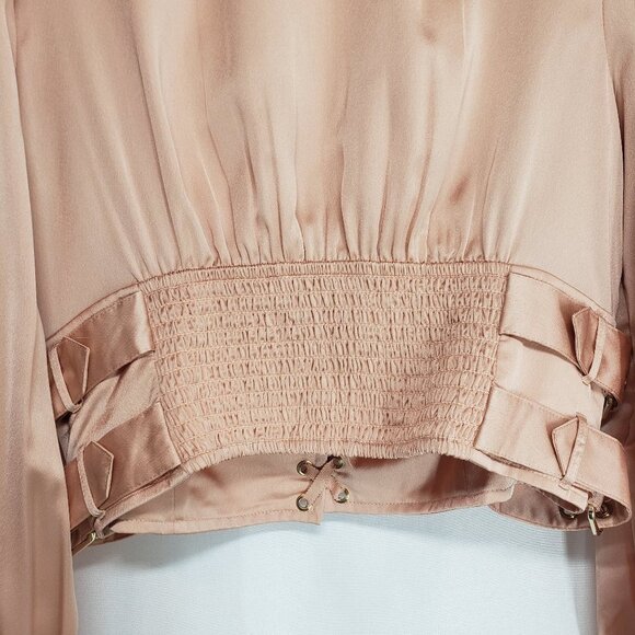 FOREVER 21 Satin Lace-Up Buckle Top L Blush Champagne Tan Nude Puff Sleeves - Picture 6 of 12